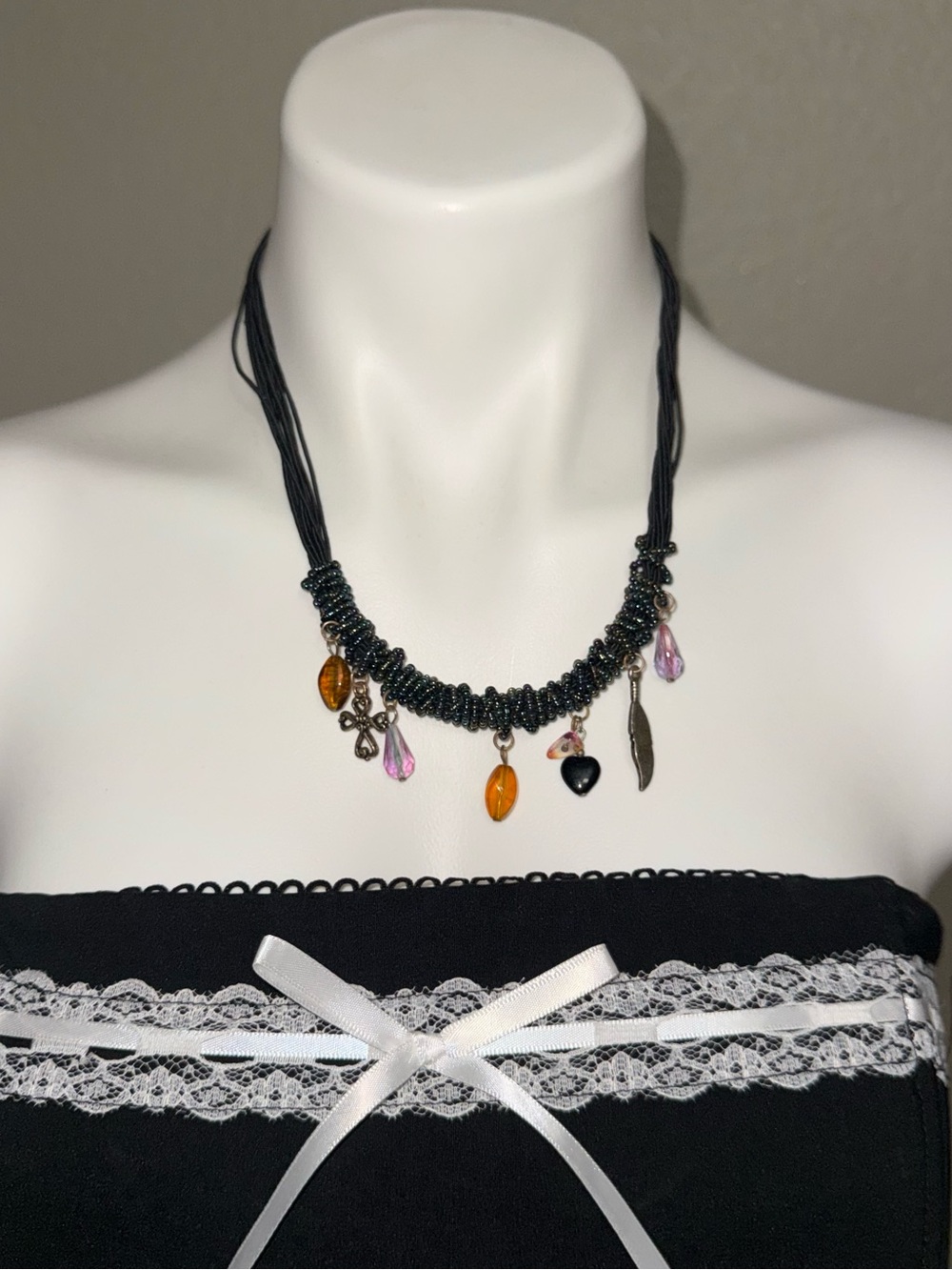 Bohemian Multicolor Beaded Charm Necklace with Black Cord